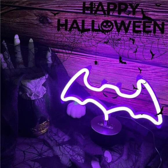 Purple Bat Neon Sign Base Halloween Decoration LED Bat Neon Light Signs Indoor - Picture 3 of 7